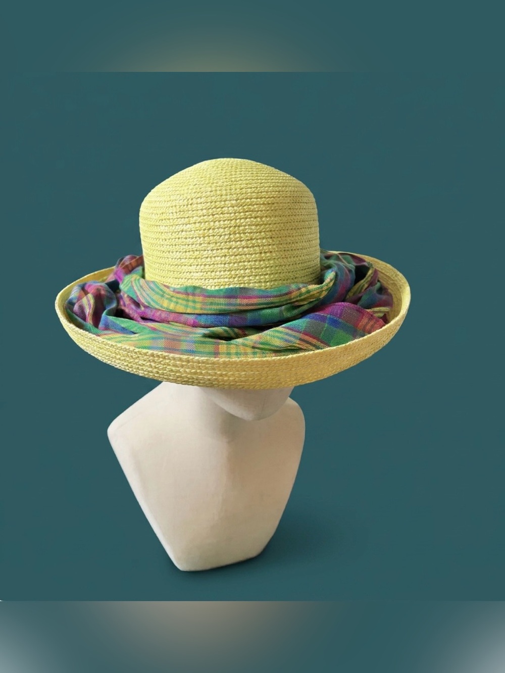 Vintage Guadeloupe Multicoloured Madras Scarf & Acidic Yellow Woven Sun Hat